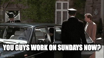 a man is standing next to a car with the words `` you guys work on sundays now ? '' written on it .