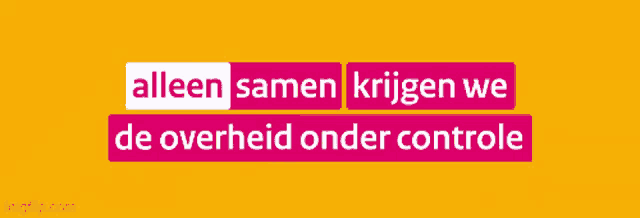 a yellow background with the words alleen samen krijgen we de overheid onder controle in pink