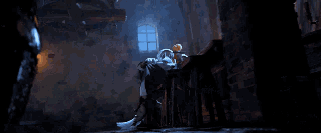 a fox with red eyes is holding a pair of scythes in a dark room
