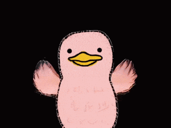 a pink duck with a yellow beak and wings on a black background