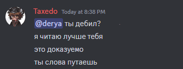 a screenshot of a conversation between taxedo and @derya