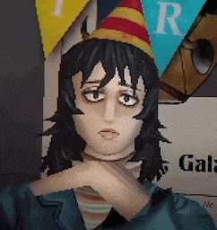 a cartoon girl wearing a party hat with the letter r on it
