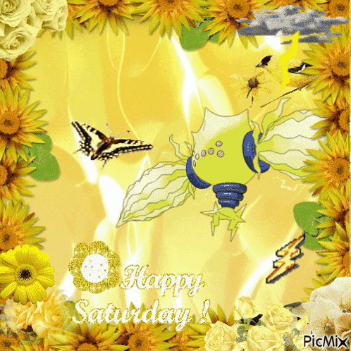 a happy saturday greeting card with butterflies and flowers