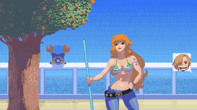 a pixel art drawing of nami from one piece holding a broom