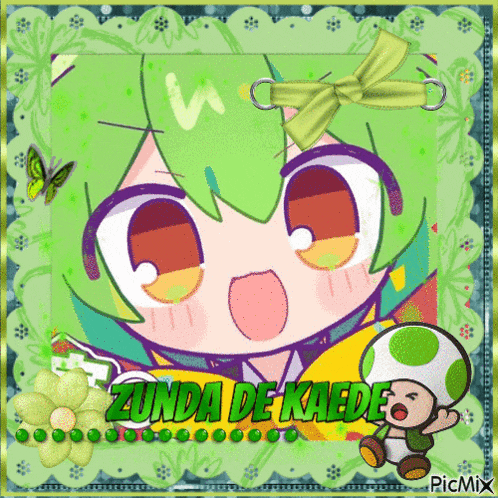 a picture of a girl with green hair and the words zunda de kaede on it