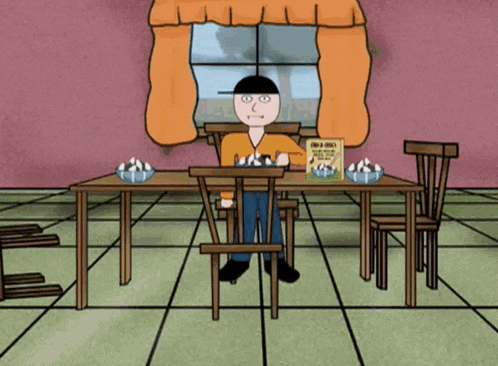 a cartoon of a man sitting at a table with a box of corn flakes in front of him