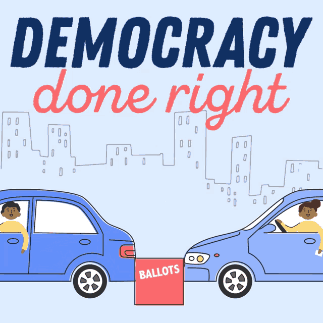 a poster that says democracy done right with two people in cars