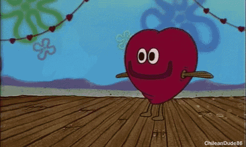 a cartoon of a heart with arms and legs standing next to a spongebob squarepants character .