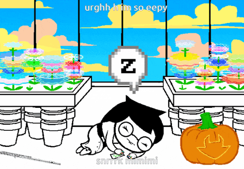 a black and white cartoon with a pumpkin and the words urghh i m so eepy