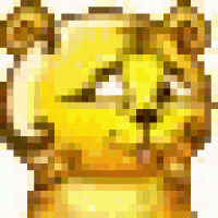 a pixel art of a yellow bear with a sad face .