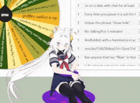 a girl is sitting in front of a spinning wheel with a spin button
