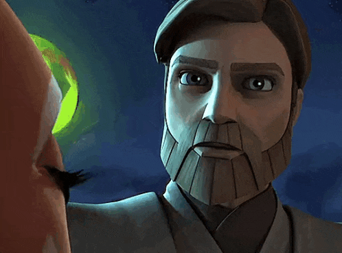 a man with a beard is looking at another man 's face