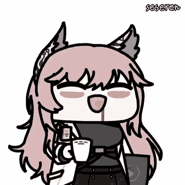 a cartoon of a girl with a cup of coffee in her hand and a bloody nose .