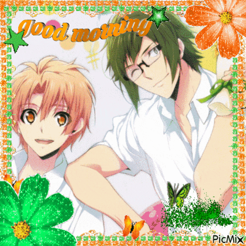 a picture of two anime characters with the words good morning written on it