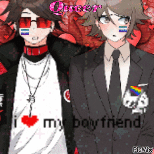 a couple of anime characters standing next to each other with queer written on the bottom right