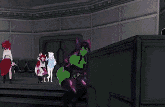 a cartoon character with pink hair and headphones is standing in a room .