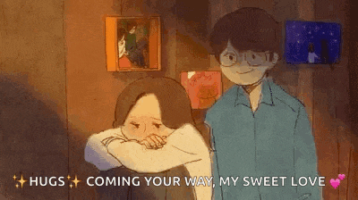 a cartoon of a boy hugging a girl with the words `` hugs coming your way my sweet love '' .