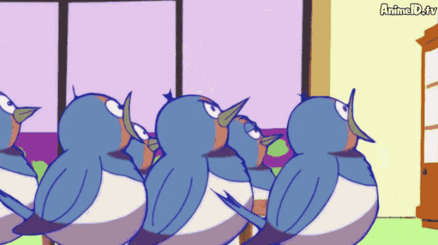 a bunch of birds are standing next to each other with animeid.tv on the bottom right