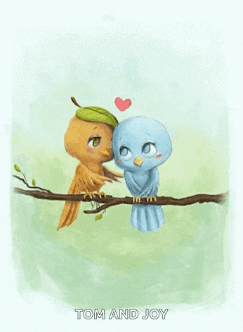 a couple of birds sitting on a branch with the words tom and joy written below them