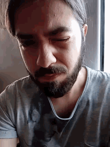 a man with a beard is wearing a grey shirt with a picture of a wolf on it