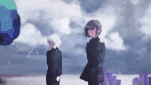 a couple of anime girls standing next to each other in front of a cloudy sky .