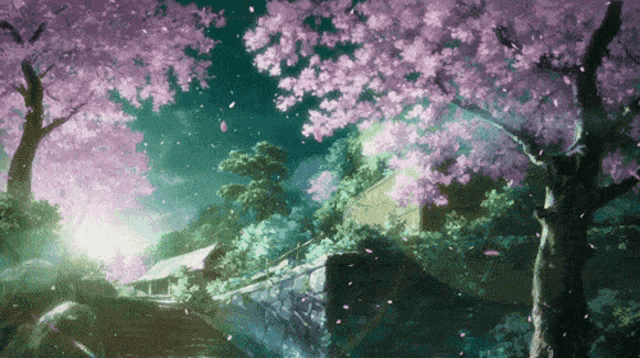 a painting of a landscape with trees and flowers