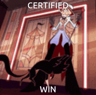 a cartoon character is standing on top of a black cat with the words `` certified win '' written on the bottom .