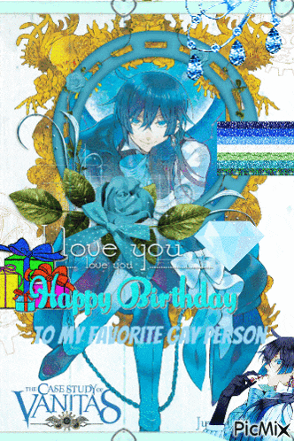 a picture of a man with blue hair and the words " happy birthday to my favorite gay person "