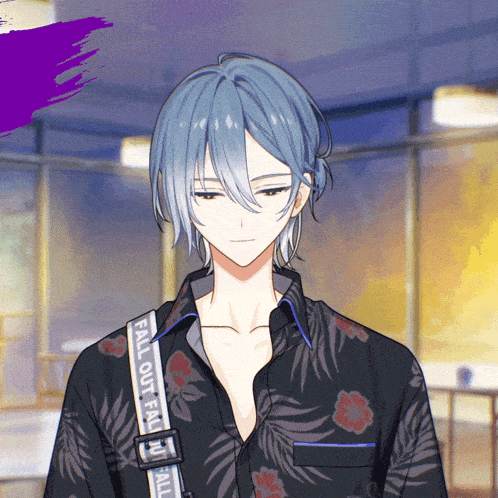 a man with blue hair is wearing a shirt with a strap that says fall out fall
