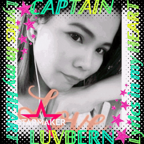 a black and white photo of a woman with the words captain starmaker luvbern on the bottom