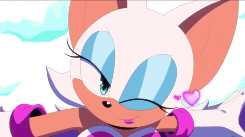 a close up of a cartoon character with a pink heart on her ear