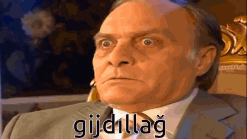 a man in a suit and tie is sitting in a chair with the word gijdillag on his face