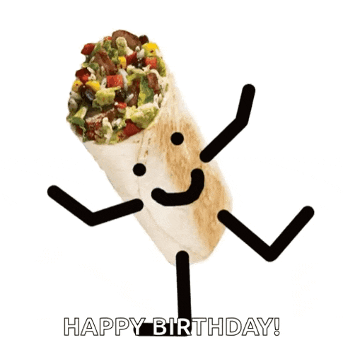 a happy birthday greeting card with a burrito with face and arms