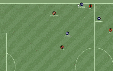 a soccer game is being played on a green field with a diagonal striped pattern .