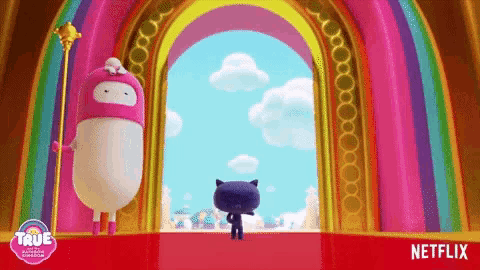 a cartoon character standing in front of a rainbow with a netflix logo on the bottom right