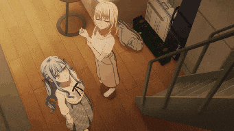 two anime girls standing next to each other on a wood floor