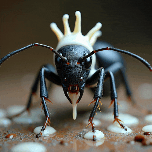 a close up of a black and white ant with a crown on its head