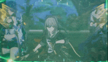 a girl with long black hair is holding a sword in her hands .