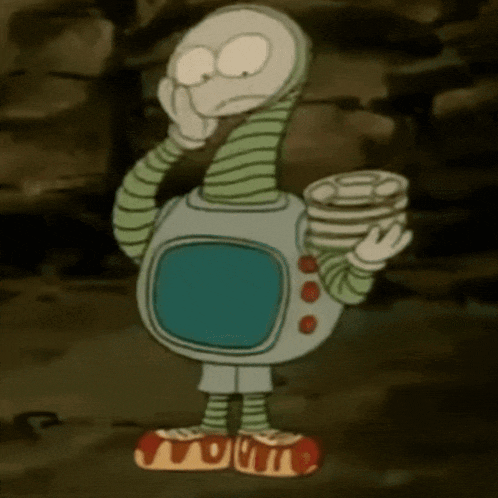 a cartoon character is holding a stack of plates in his hand