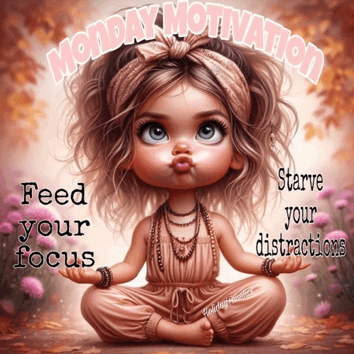a picture of a little girl sitting in a lotus position with the words monday motivation feed your focus and starve your distractions