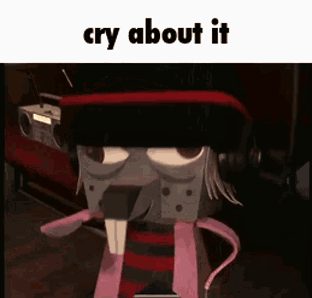 a cartoon character is wearing headphones and a scarf and says cry about it .