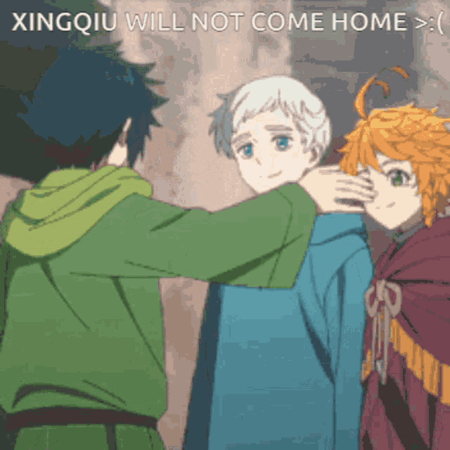 xingqiu will not come home written on a picture of three anime characters