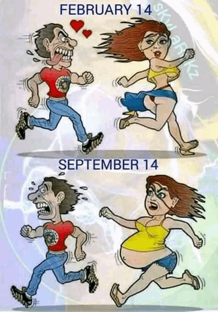 a cartoon of a man and a woman running with the date february 14