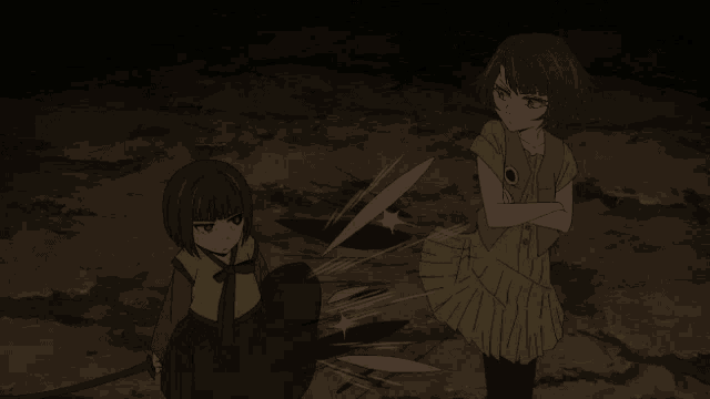 a girl in a yellow dress is standing next to another girl in a black dress