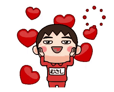 a boy in a red shirt is surrounded by hearts