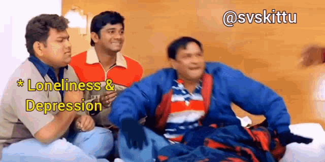 a group of men are sitting on a bed with the words loneliness and depression on the bottom