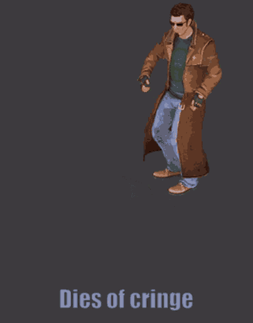 a picture of a man in a trench coat with the words dies of cringe above him