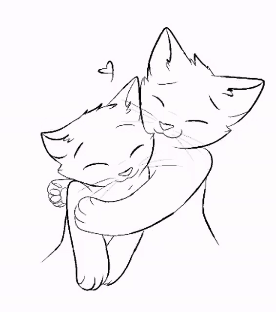 a black and white drawing of two cats hugging each other with a heart above them .