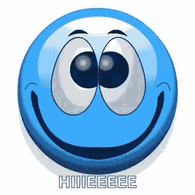 a blue smiley face with big eyes is smiling and says hi !