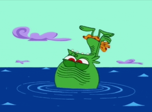 a cartoon character is standing in the water and has a third eye